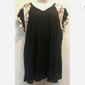 FUNKY STUFF black floral rayon spandex knit TOP TSHIRT XL Wondelful soft fabric